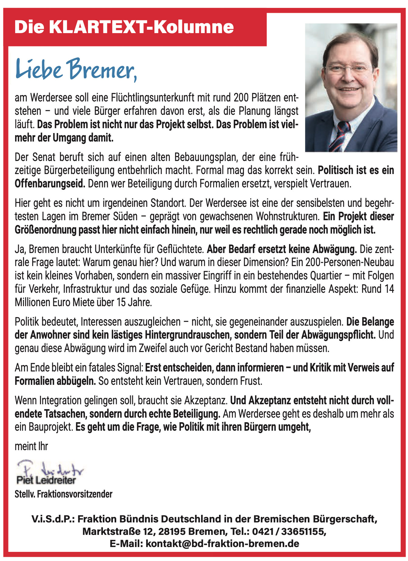 KLARTEXT-Kolumne von Piet Leidreiter zum Flüchtlingswohnheim am Werdersee