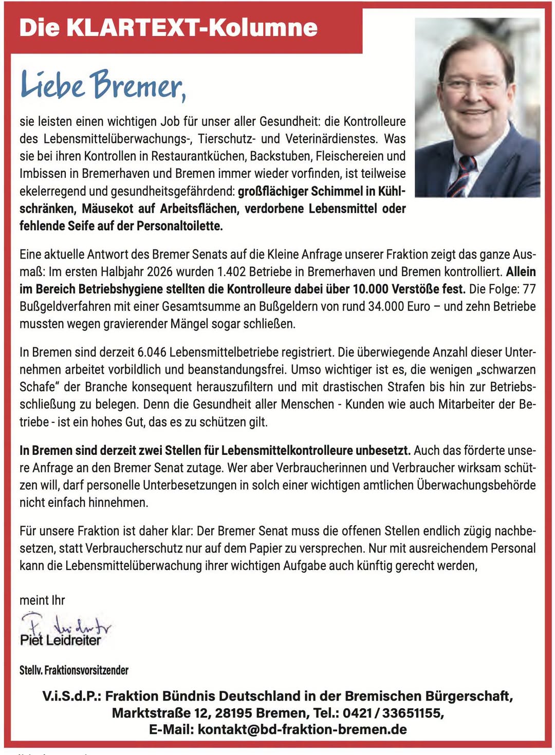 KLARTEXT-Kolumne von Piet Leidreiter im Weser Report zur Lebensmittelkontrolle