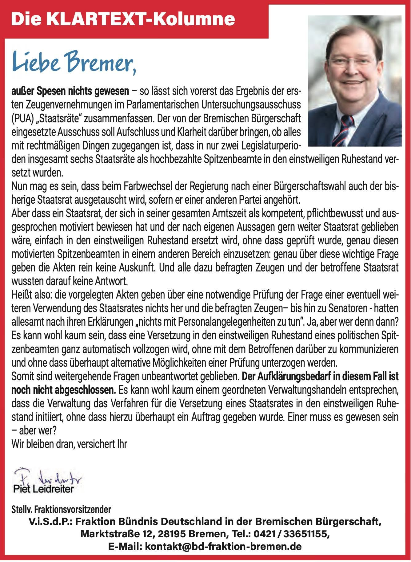 KLARTEXT-Kolumne von Piet Leidreiter zum Parlamentarischen Untersuchungsausschuss Staatsräte